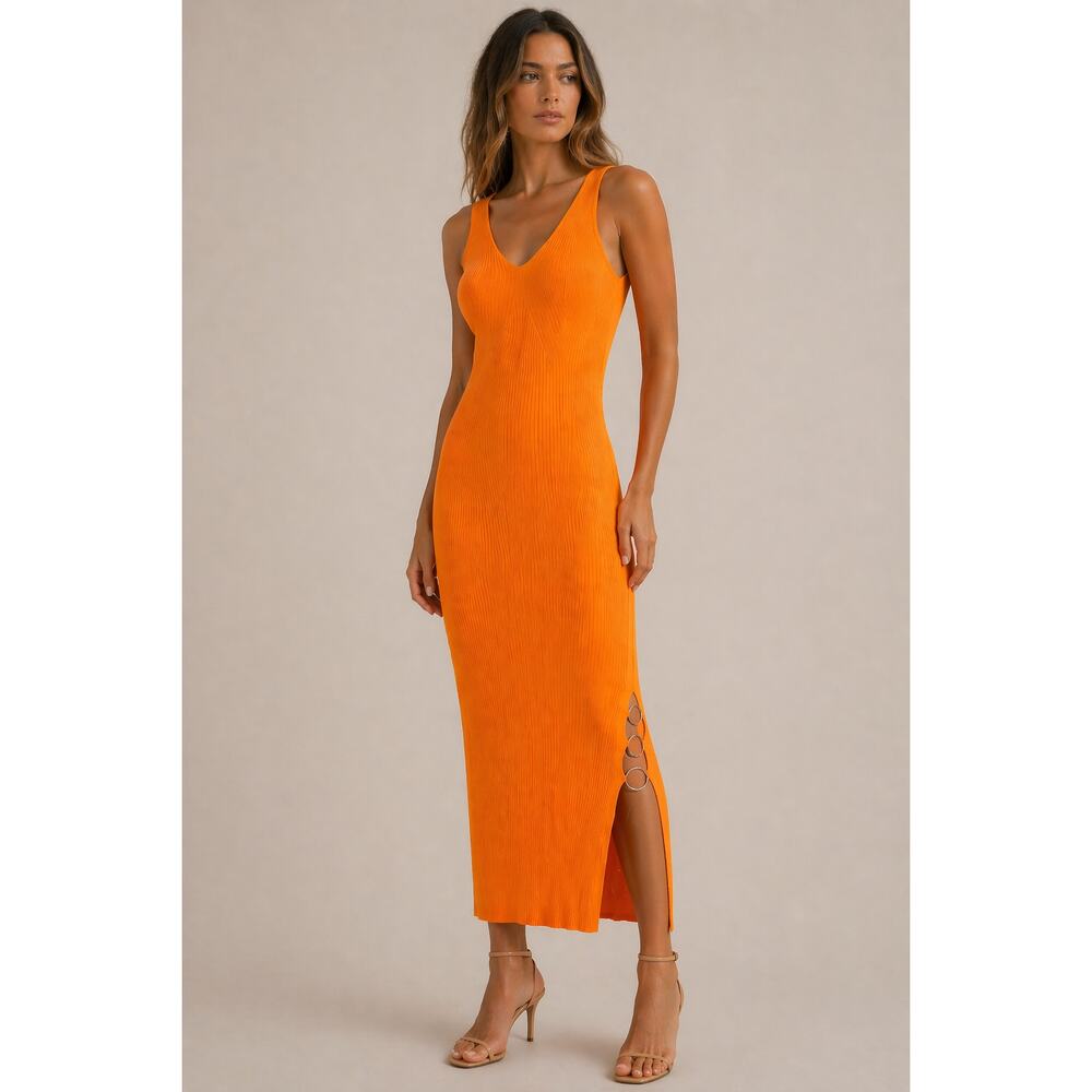 House of Harlow 1960 Vibrant Orange Ribbed Sleeveless Bodycon Midi Dress Small